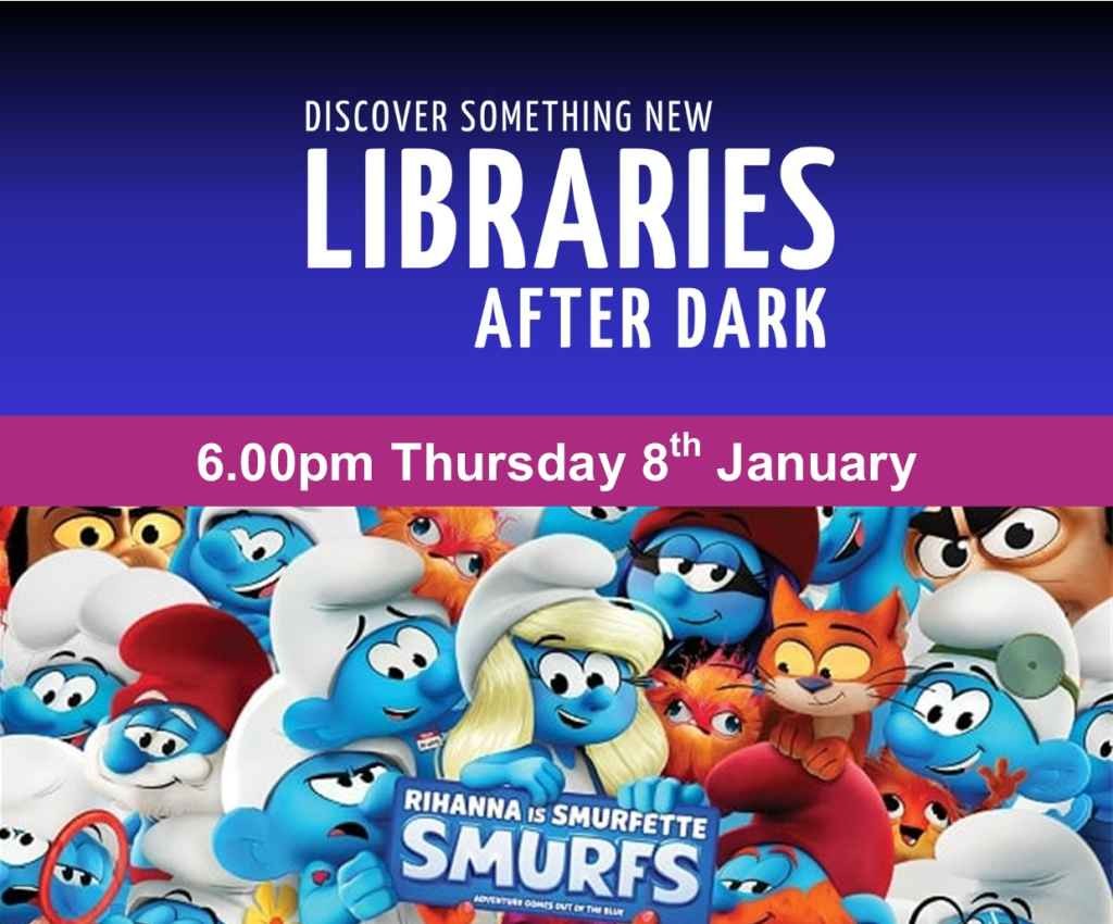 Cover image for event - Libraries After Dark - Movie, Pizza & Games Night - Smurfs (PG)