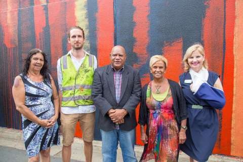 (L-R) Merle Miller (Rumbalara Co-op, Elders Committee Member), Adnate (Project artist) Robert Nicholls (Nephew of Sir Douglas Nicholls), Aunty Pam Pedersen (Eldest Daughter of Sir Douglas Nicholls), Cr Kim O'Keeffe (Deputy Mayor, Greater Shepparton City Council) at today's Aboriginal wall art project in Shepparton.
